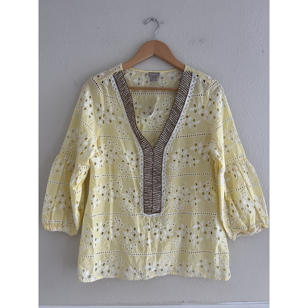 Chicos New Eyelet Embroidered Cotton Top 8/10 Beaded V Neck Yellow Boho Resort